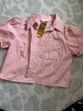 L.I.C. Pink Embellished Puff-Sleeve Button-Down Shirt
